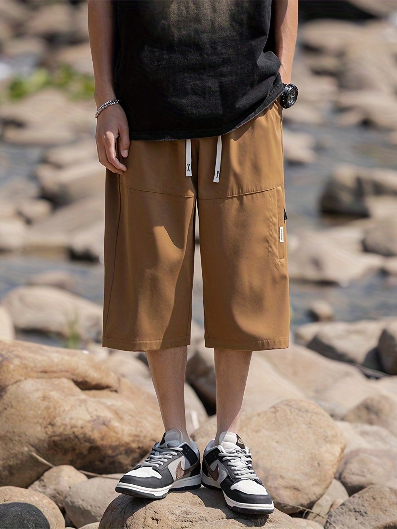 Men's Comfy Drawstring Long Shorts Zipper Pocket Summer Outdoor