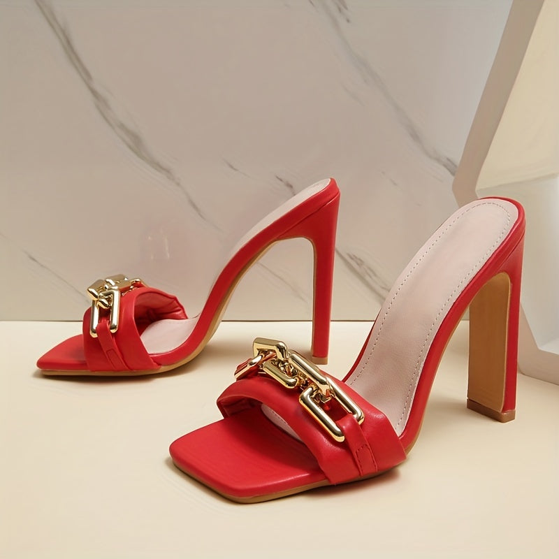 Metallic Buckle High Heel Sandals Open Toe Slip On Block Heels