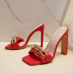 Metallic Buckle High Heel Sandals Open Toe Slip On Block Heels