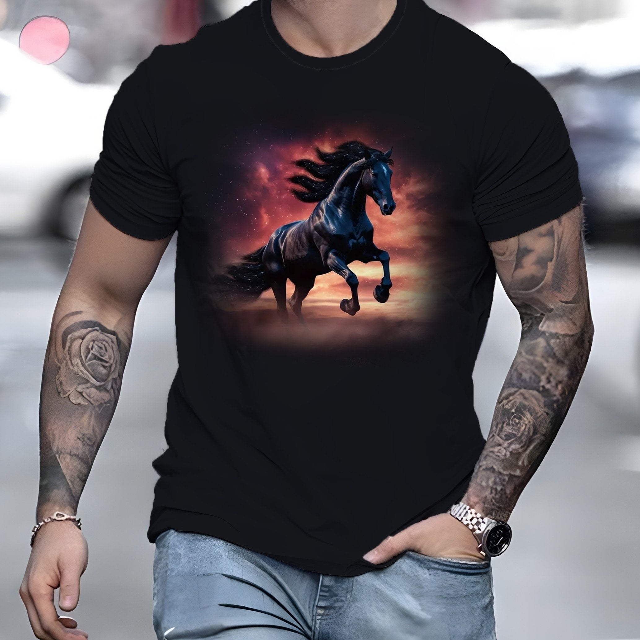Men's Horse Print Sports T-shirt Round Neck Tee Shirt for Summer