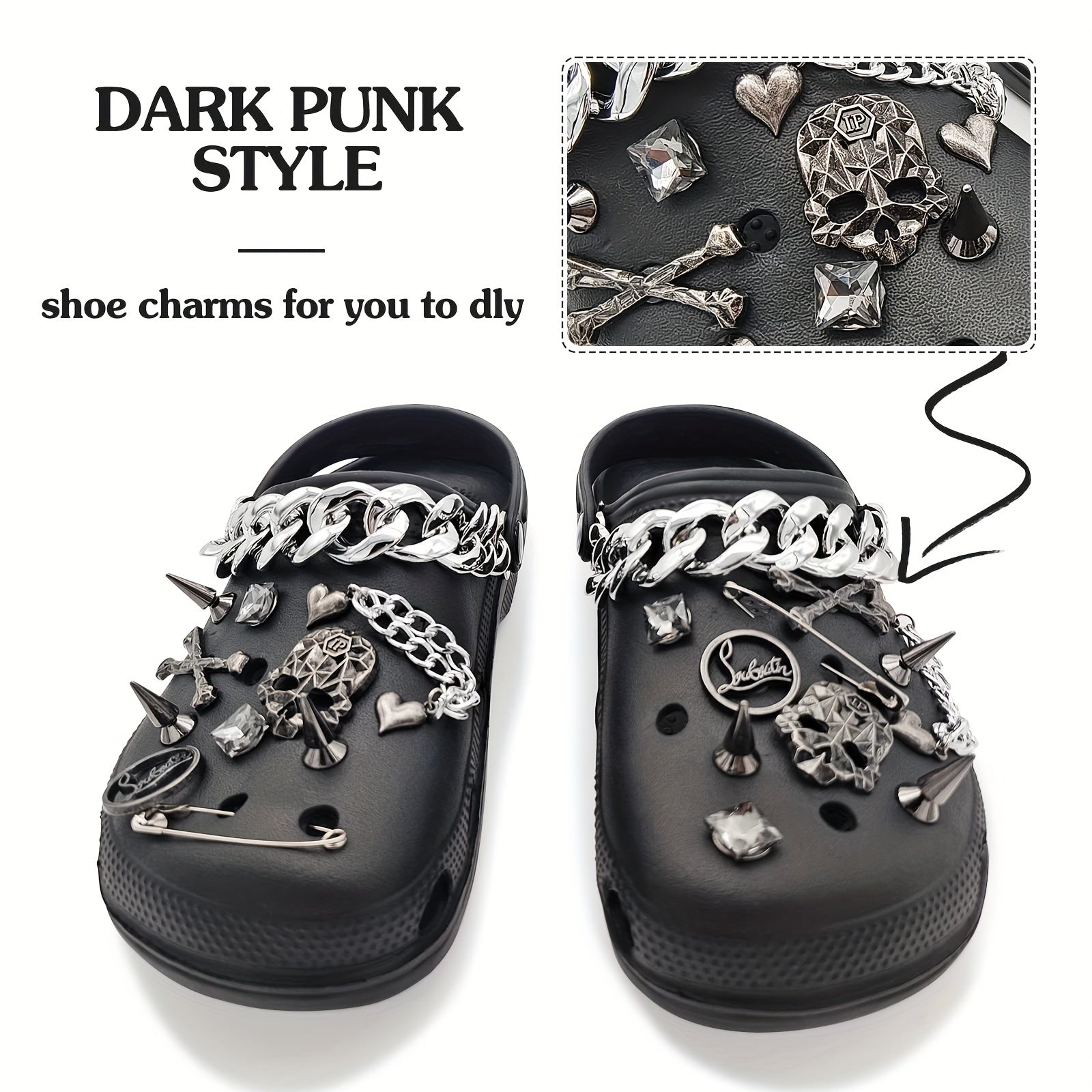 22pcs Punk Metal Rivets Shoe Charms with Chain - Pointed Toe Charms Accessories