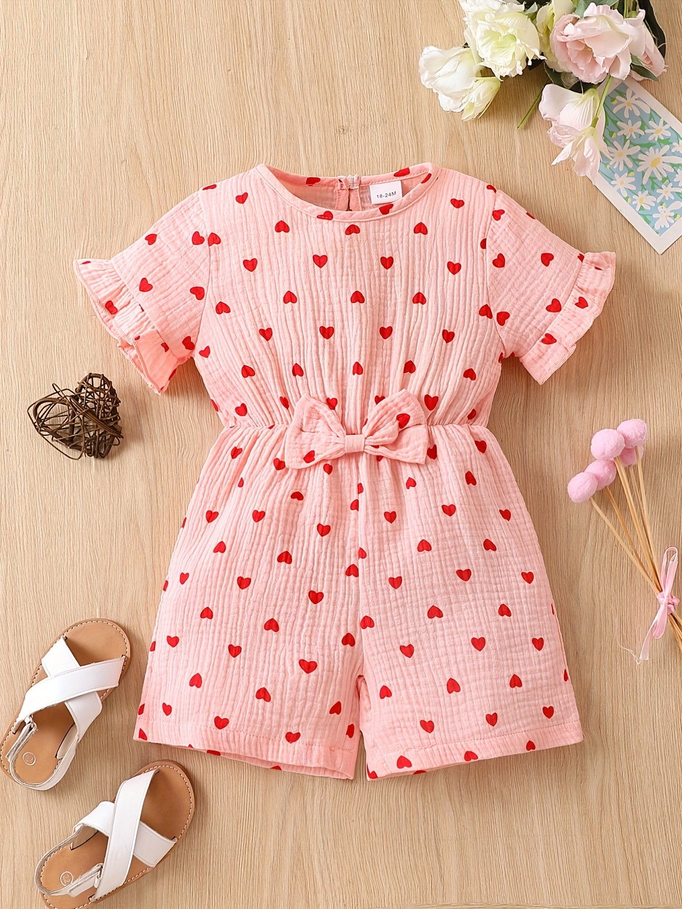 Girls Heart Print Ruffle Sleeve Jumpsuit With Bow - Toddlers Kids Children