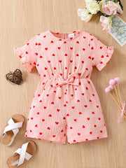 Girls Heart Print Ruffle Sleeve Jumpsuit With Bow - Toddlers Kids Children