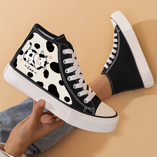 Cow Print High Top Chunky Canvas Sneakers