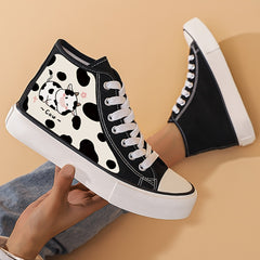 Cow Print High Top Chunky Canvas Sneakers