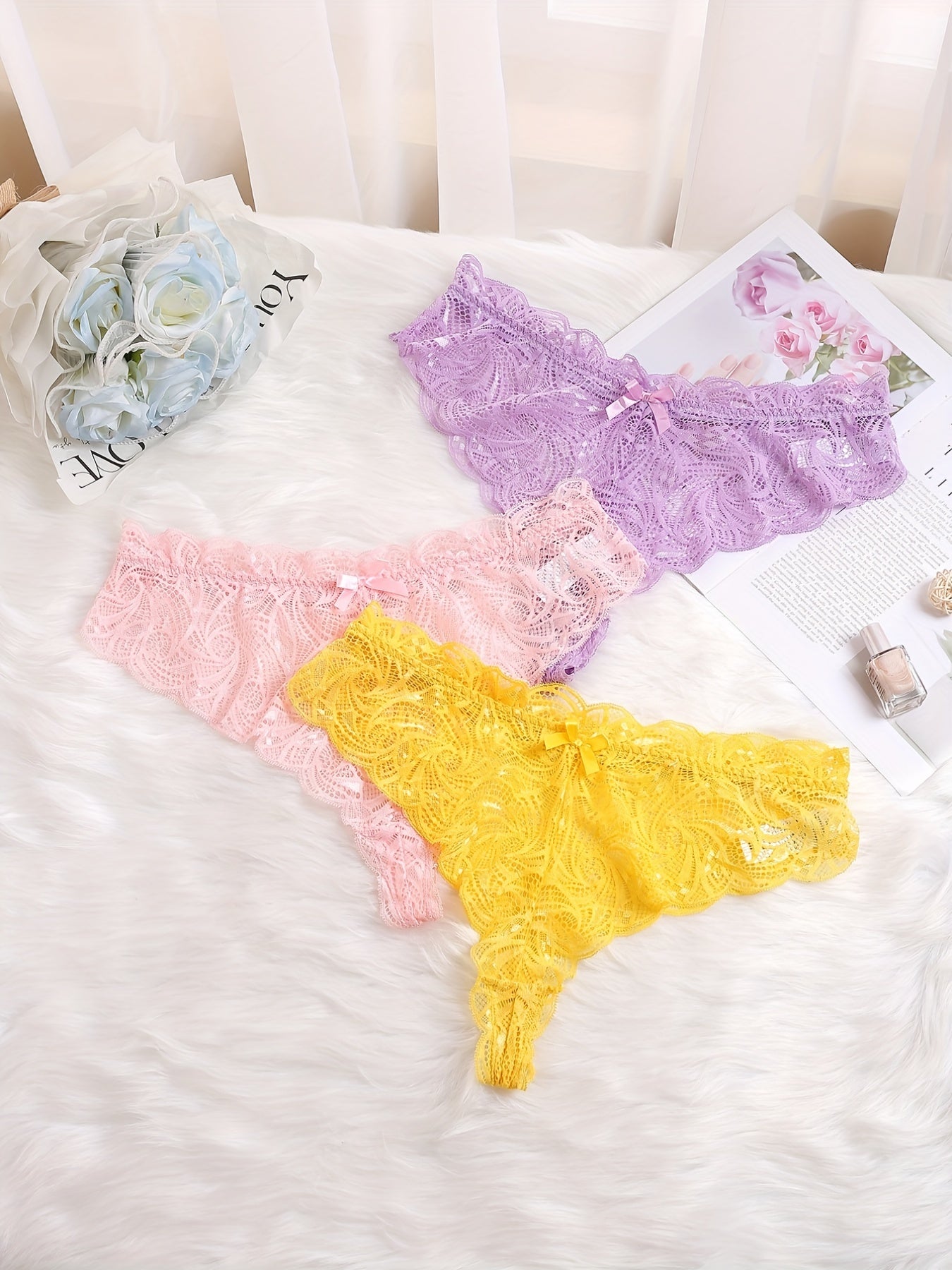 3 Pack Plus Size Sexy Panties Set Lace Bow Detail See Through Underwear