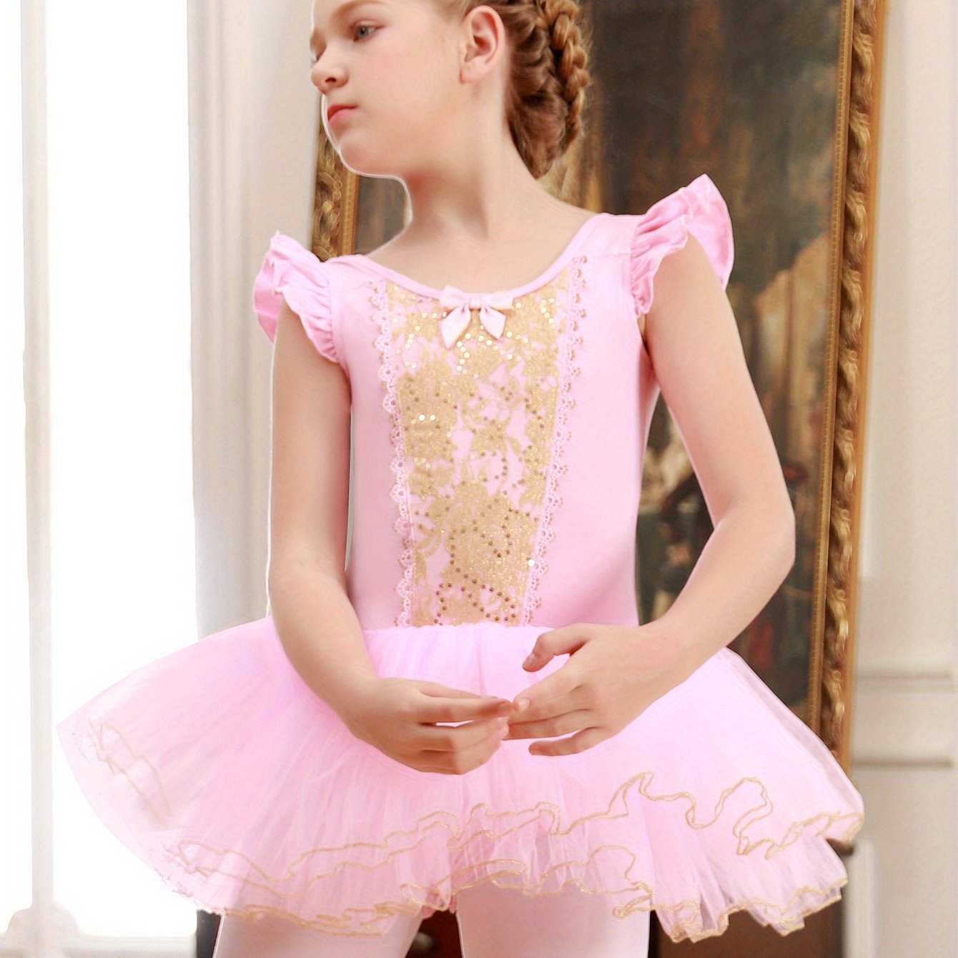 Cotton Ballet Leotard with Flower Embroidery Flutter Trim