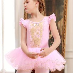 Cotton Ballet Leotard with Flower Embroidery Flutter Trim
