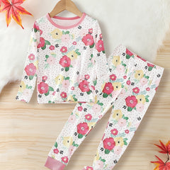 Floral Pattern Kid's Pajamas 2pcs Set Long Sleeve Top & Pants