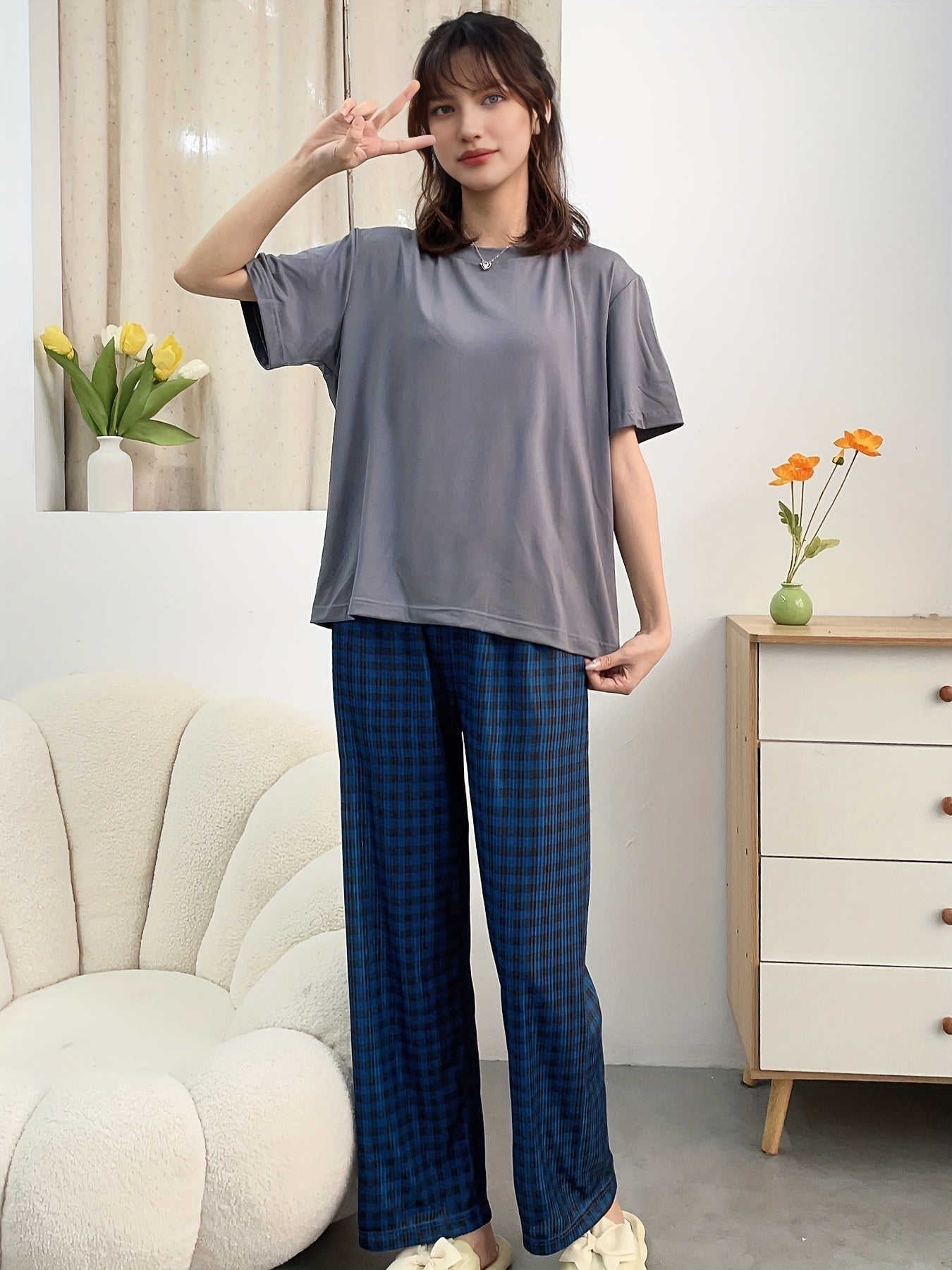 Plaid Pajama Set Crew Neck Short Sleeve Top & Elastic Waistband Pants