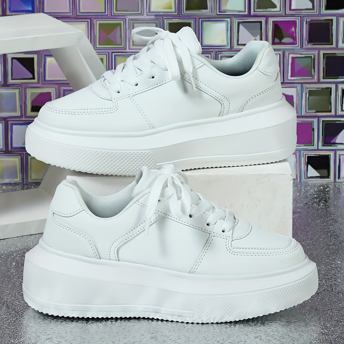 Faux Leather Chunky Sneakers Lace Up Skate Shoes
