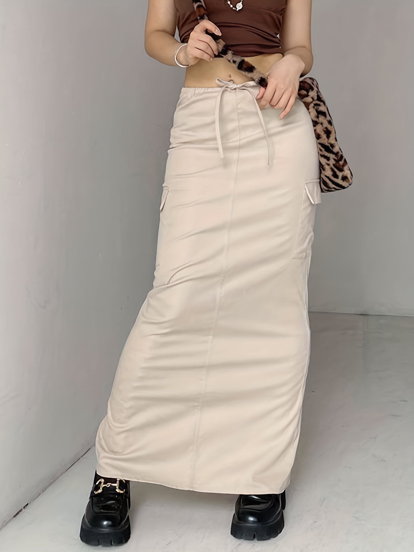 Cargo Long Skirt Solid Y2k Skirts With Side Pocket