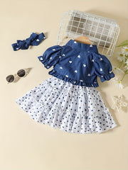 3pcs Girls Polka Dot Top & Dress Set with Headband