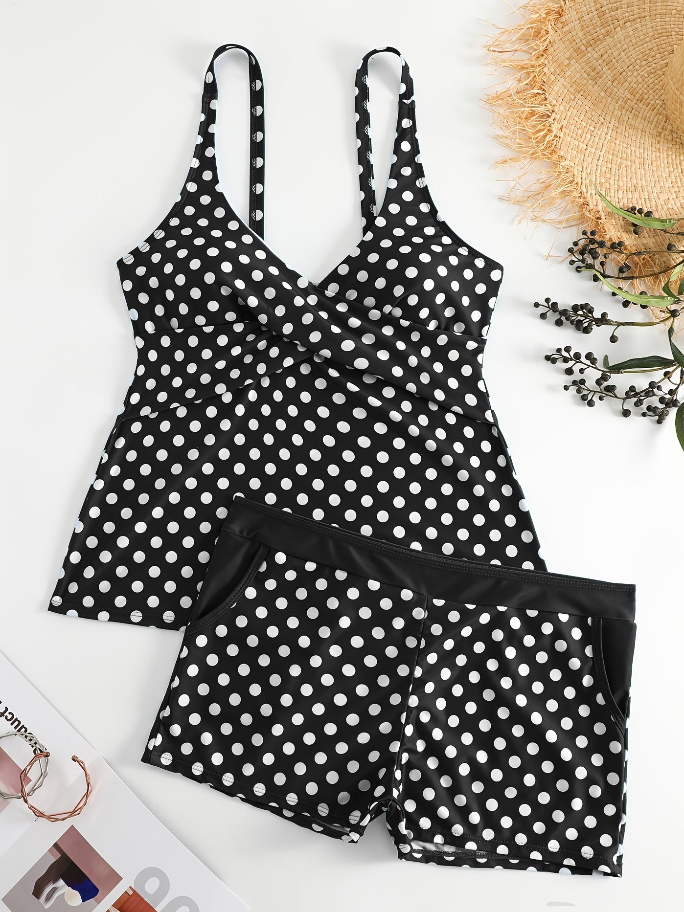 Polka Dot Two Piece Swimsuit V Neck Boxer Short Bottom Bathing Suit