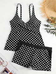 Polka Dot Two Piece Swimsuit V Neck Boxer Short Bottom Bathing Suit