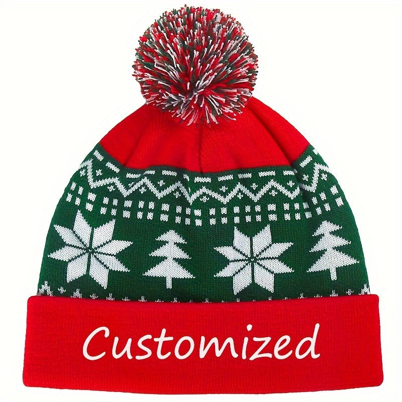 Personalized Christmas Knit Beanie Hat with Snowflake & Tree Embroidery