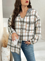 Colorblock Plaid Print Hooded Shacket