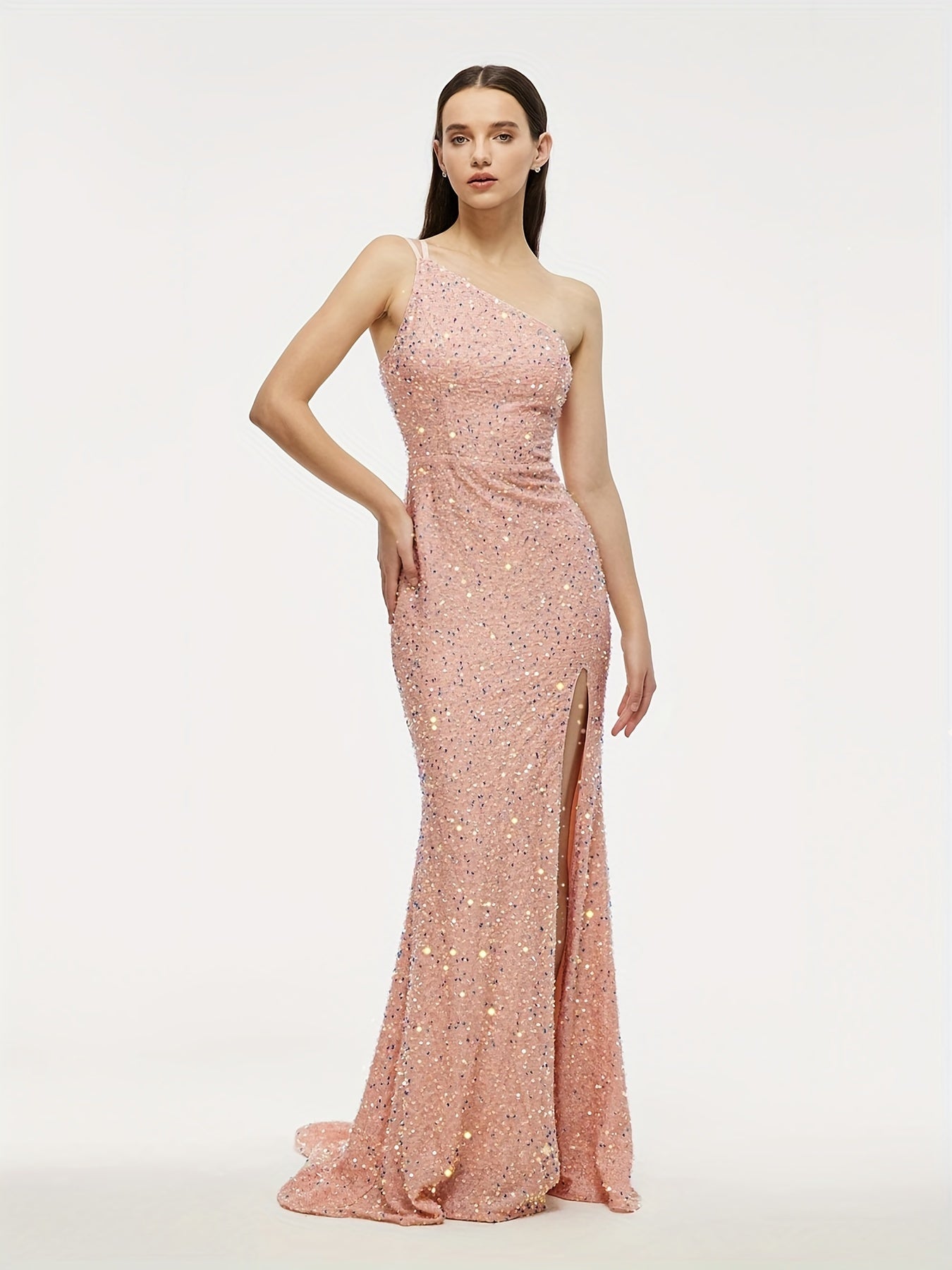 Sequined One Shoulder Split Dress Sexy Sleeveless