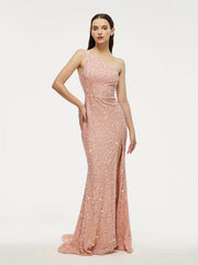 Sequined One Shoulder Split Dress Sexy Sleeveless