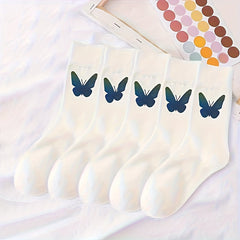 5 Pairs Butterfly Print Mid Tube Socks Women's Stockings