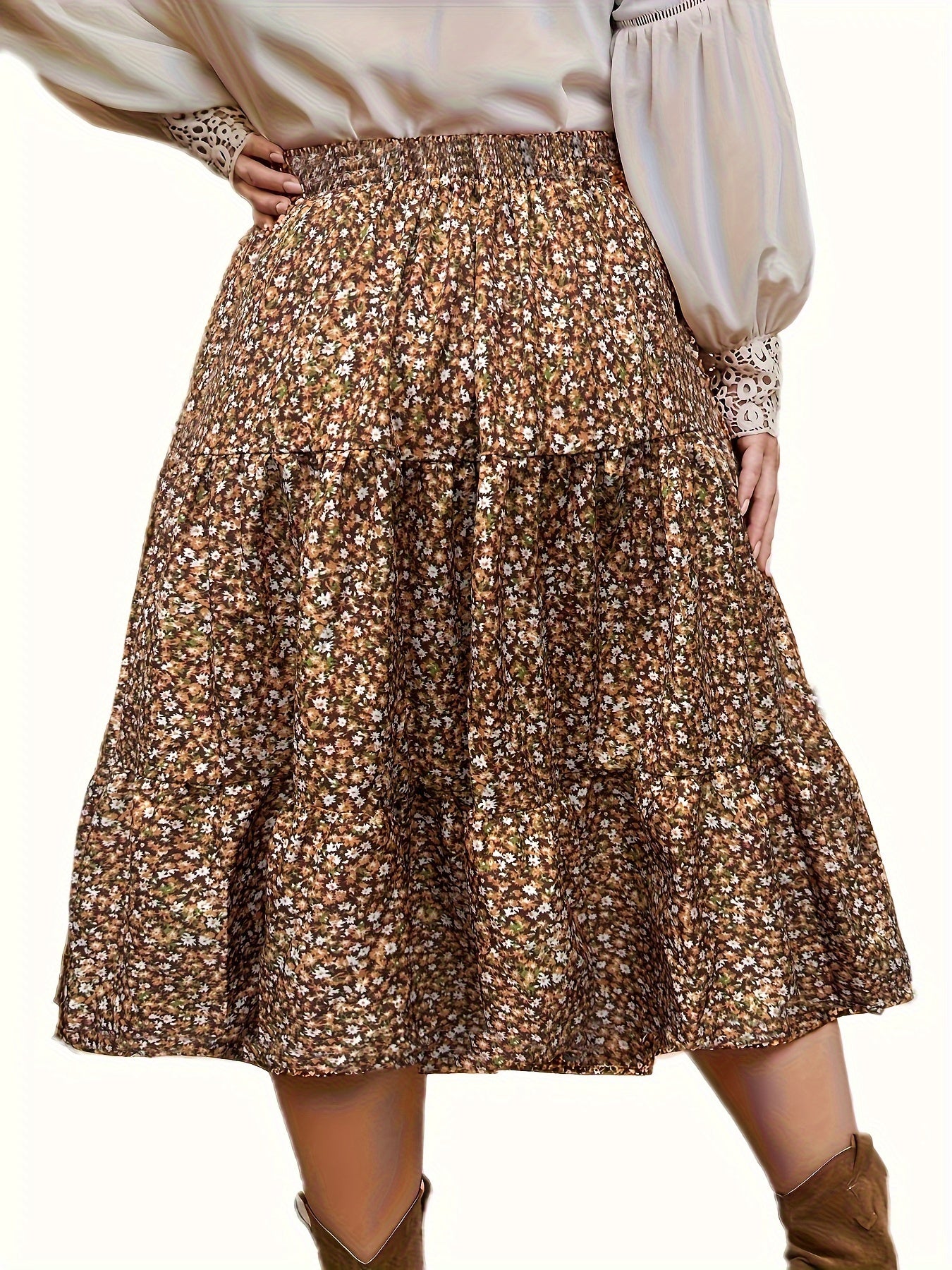 Boho Skirt Women's Plus Allover Ditsy Print Midi Smock Skirt