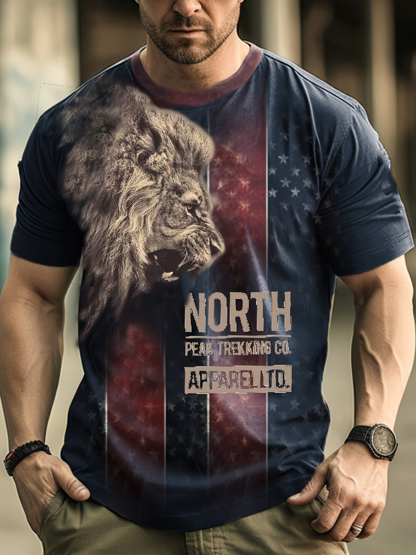 Men's Lion Pattern Sports Tee Shirt Casual Stretch Round Neck Tshirt