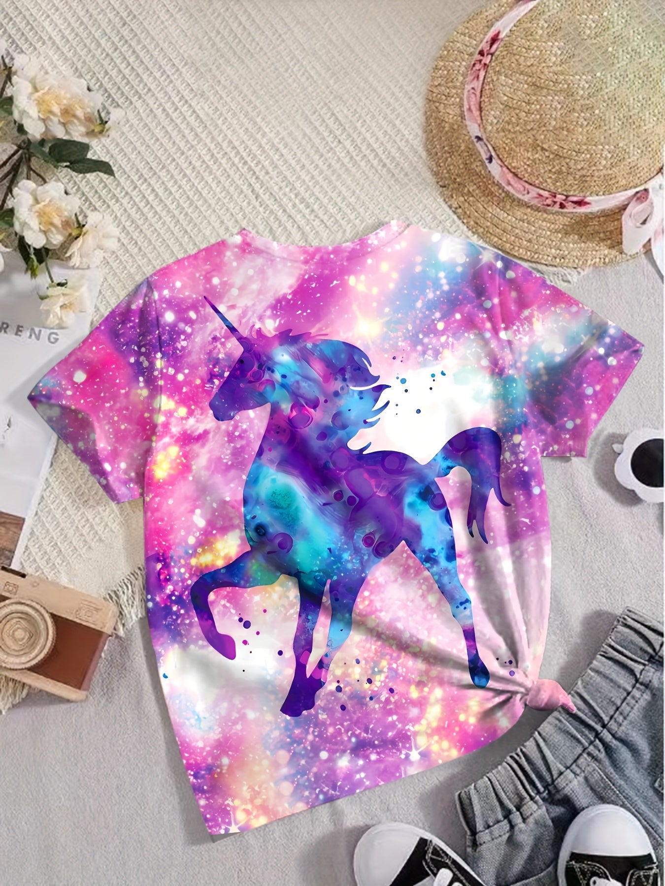 Girls Tie Dye Unicorn Print Short Sleeve T-shirt Summer Party Gift