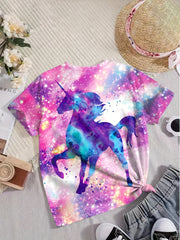 Girls Tie Dye Unicorn Print Short Sleeve T-shirt Summer Party Gift