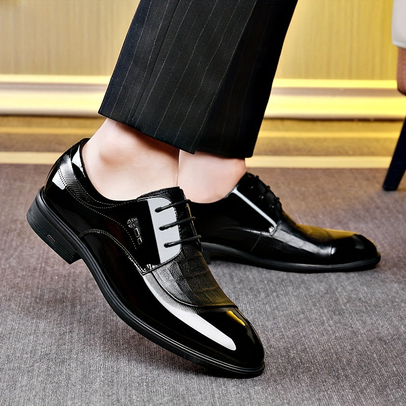 Men's Glossy Derby Shoes With Textured Detail Lace up Front Dress Shoes For Men