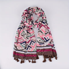 Boho Geometric Print Tassel Scarf - Vintage Style Shawl