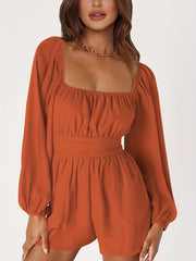 Solid Square Romper Jumpsuit Long Sleeve