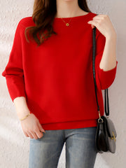 Solid Batwing Sleeve Knit Sweater Boat Neck Casual Sweater