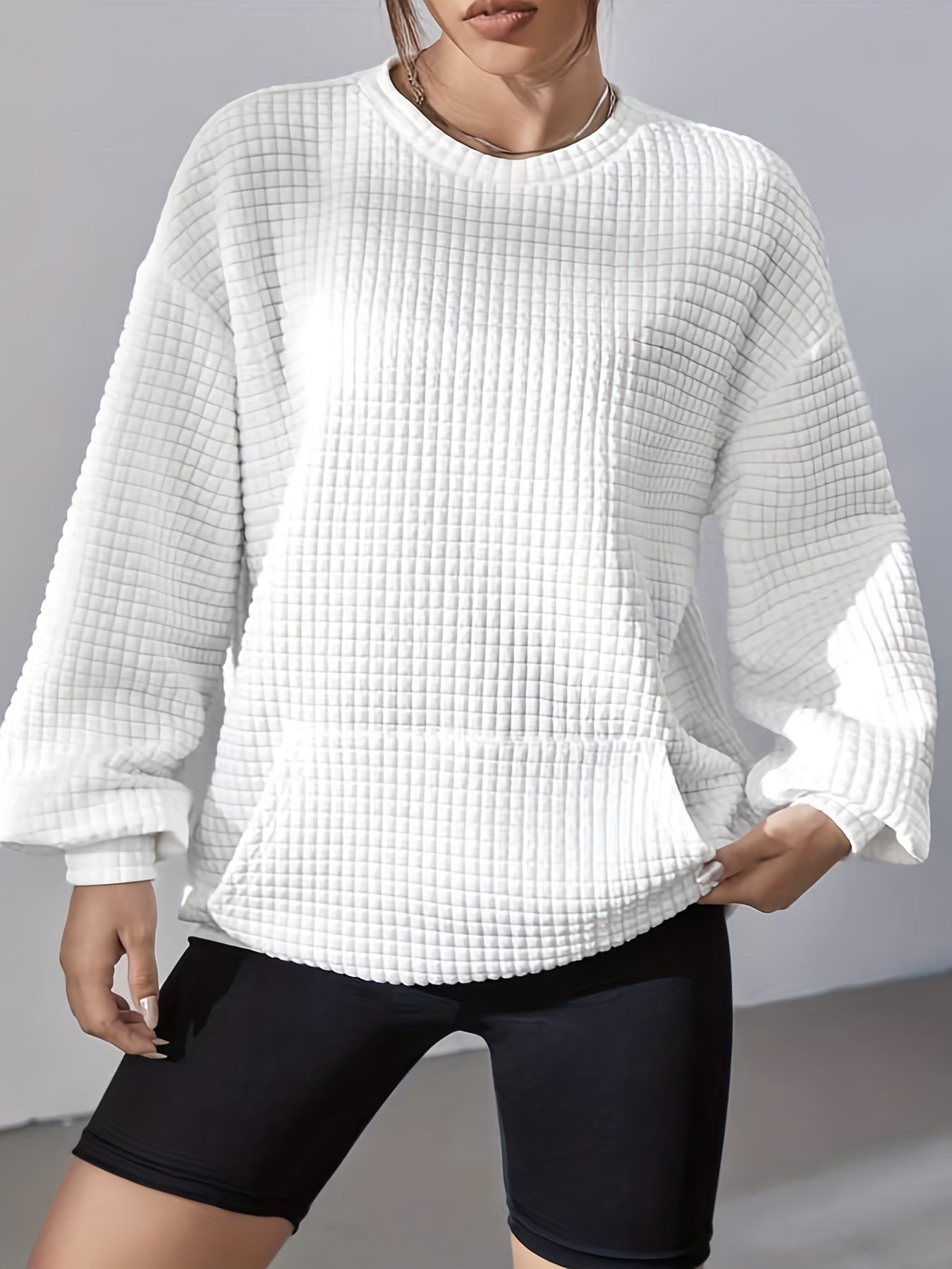 Waffle Grid Kangaroo Sweatshirt Lantern Sleeves