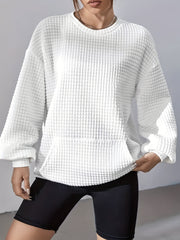 Waffle Grid Kangaroo Sweatshirt Lantern Sleeves