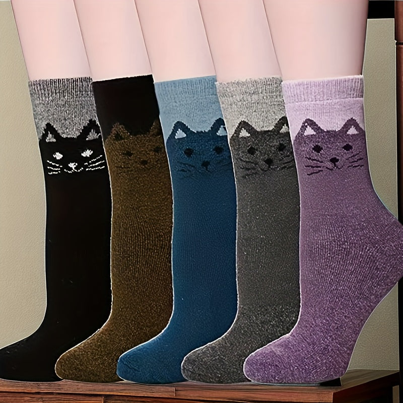 5 Pairs Winter Socks Vintage Animal Cat Pattern Thick Cozy Crew Socks
