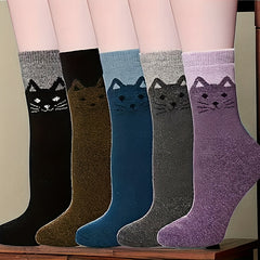5 Pairs Winter Socks Vintage Animal Cat Pattern Thick Cozy Crew Socks