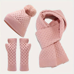 Winter Knit Beanie Scarf Gloves Set Acrylic Warm Accessories Pom Pom Hat