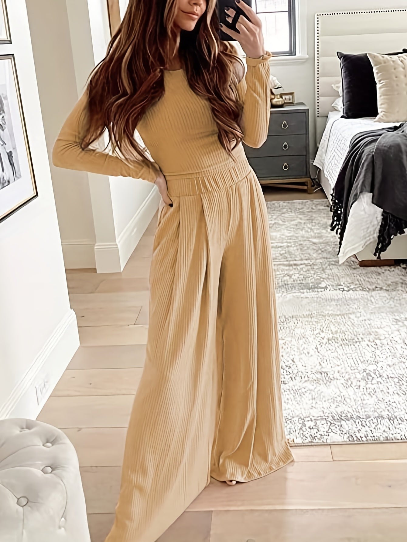 Ribbed Crop Top & Wide Leg Pants Set