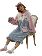 Thermal Colorblock Teddy Warm Pajamas Dress Women's Loungewear