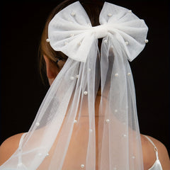 Bowknot Mesh Hair Clip with Faux Pearl Barrette for Women