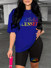 Blessed Print 2pc Set Short Sleeve T shirt & Biker Shorts Outfit