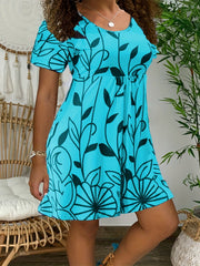 Women's Plus Leaf Print Short Sleeve Round Neck Mini Dress