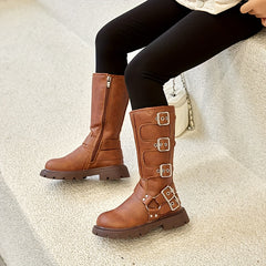 Girls Vintage Knee High Boots - Non Slip PU Leather - Geometric Design