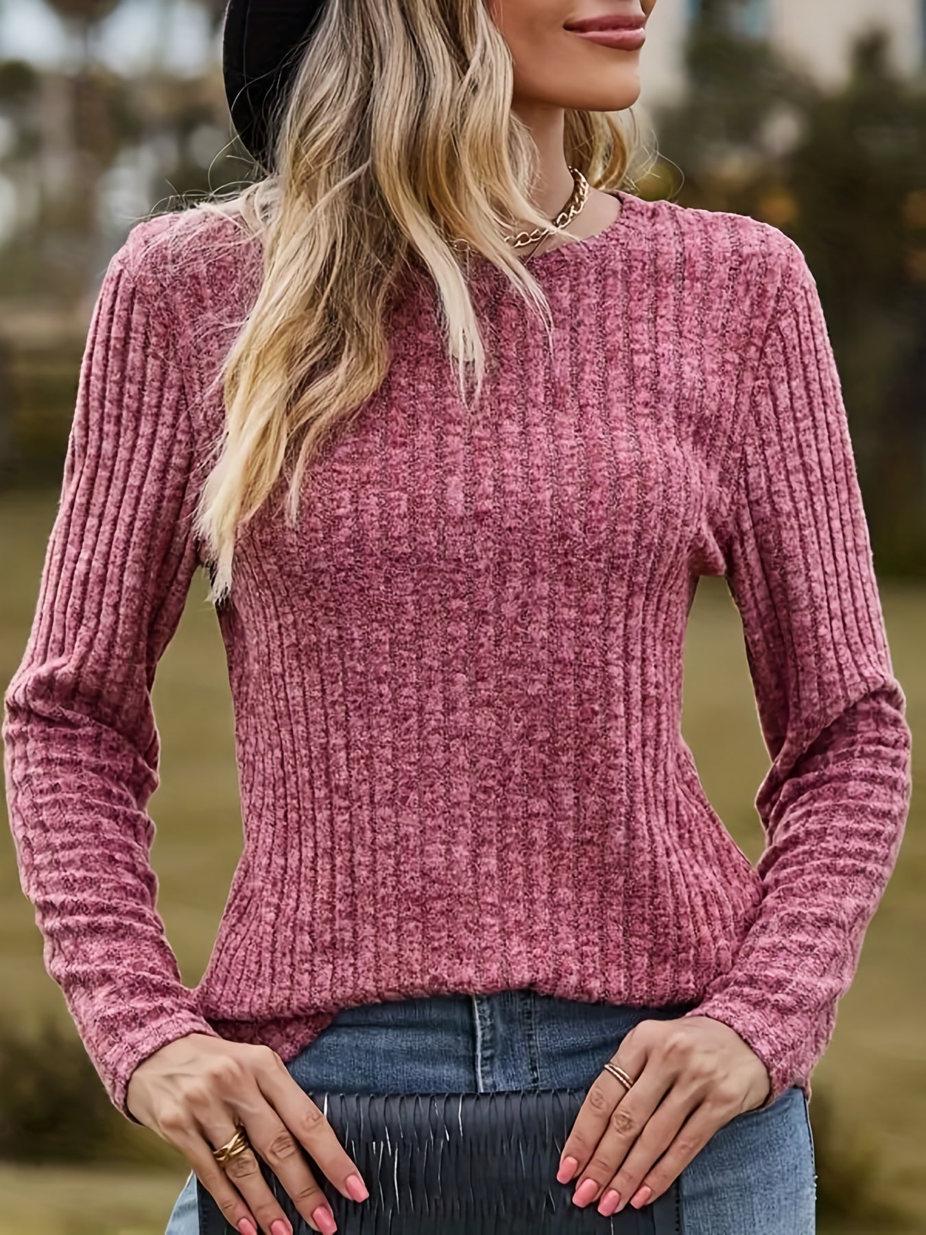 Casual Sweater Solid Ribbed Long Sleeve Round Neck