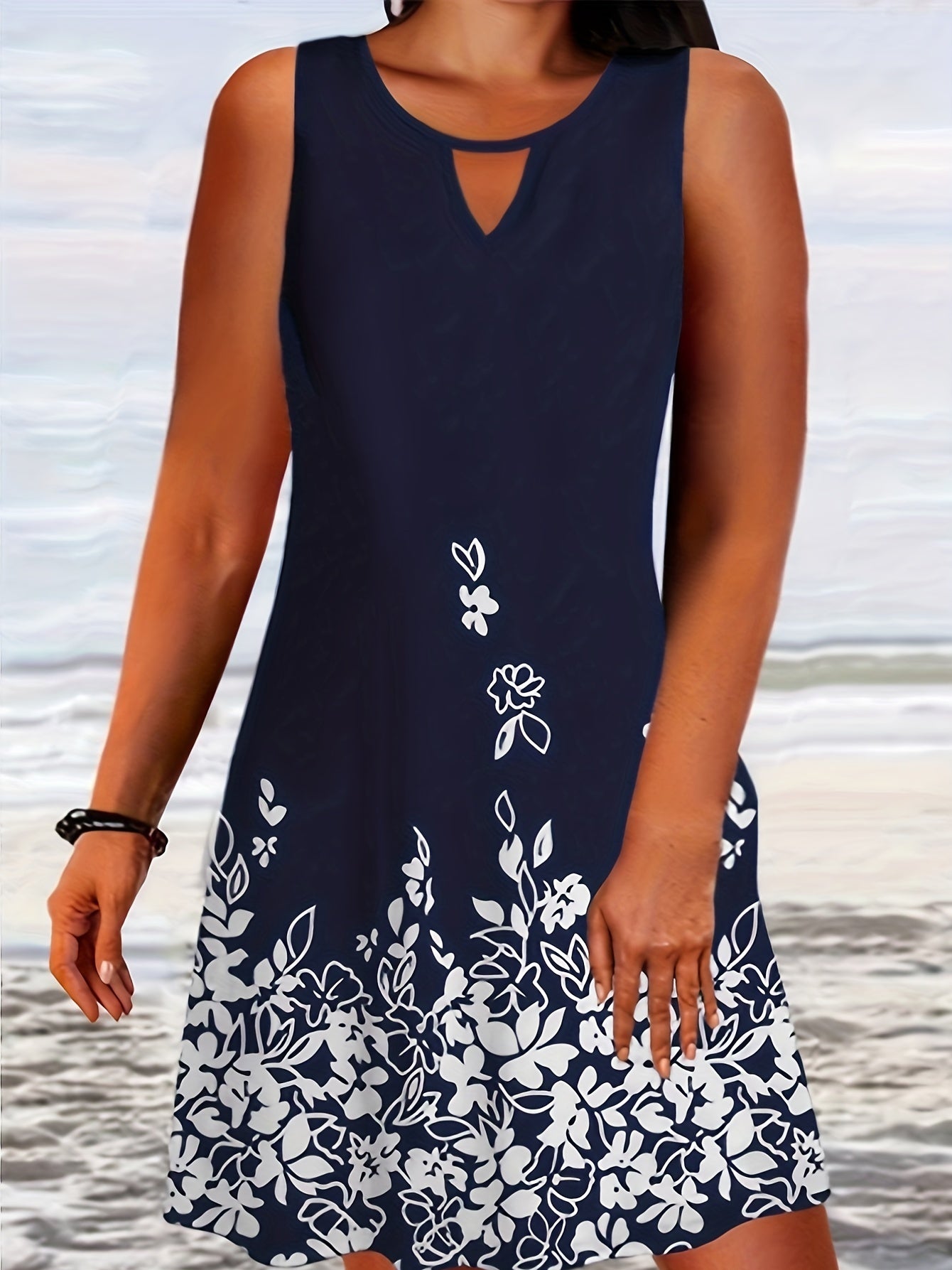 Floral Print Round Neck Cut Out Tank Dress