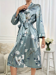 Floral Print Night Robe Long Sleeve V Neck Robe With Belt