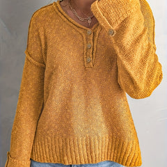 Casual Knit Top Women's Plus Solid Stitching Button Up Long Sleeve