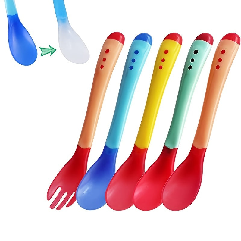 Baby Spoons & Forks Set Soft Silicone Tip Heat Sensitive Toddler Utensils