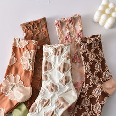 5 Pairs 3D Floral Textured Socks Retro Style All Match Women's Stockings