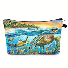 Ocean Dolphin Sea Turtle Print Cosmetic Bag Zipper Makeup Pouch Toiletry Bag